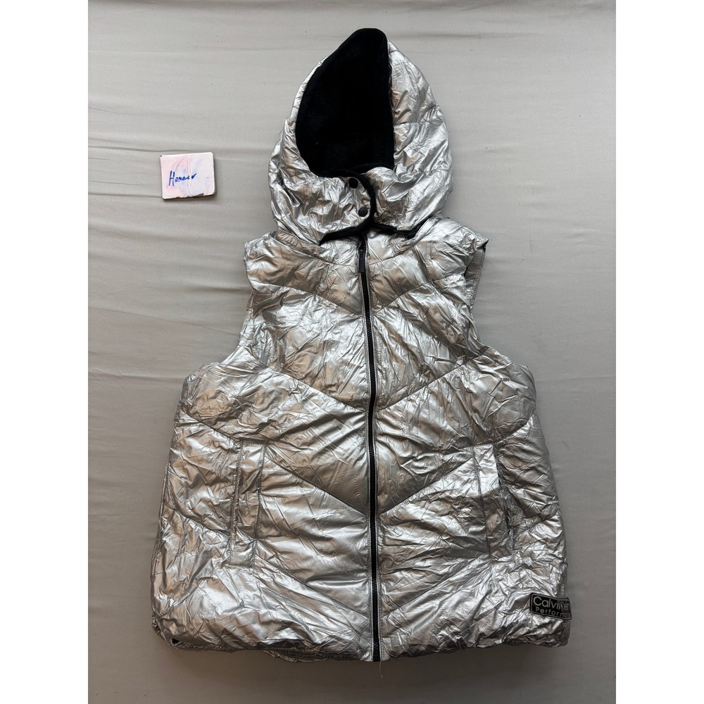 Calvin Klein Performance Metallic Silver Puffer Vest Hooded Quilted Large L